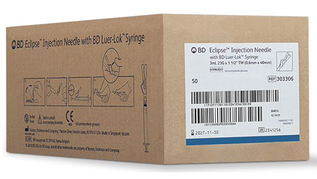 BD Eclipse Syringe with Safety Needle 3cc 23 G x 1-1/2"