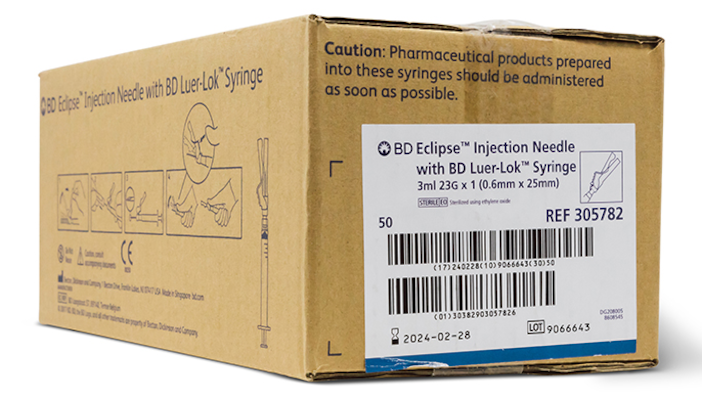 BD Eclipse Syringe with Safety Needle 3cc 23 G x 1"
