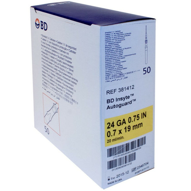 BD Insyte Autoguard BC Pro Shielded IV Catheter with Blood Control Technology 24G x 0.75"  Yellow