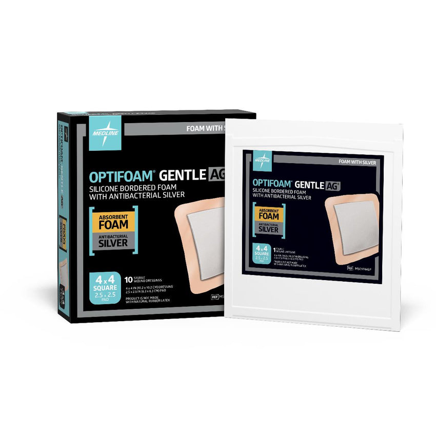 Medline Optifoam Gentle Ag Silver Silicone Adhesive Foam Dressing with Border 4" x 4"
