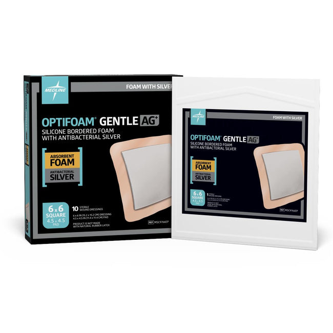 Medline Optifoam Gentle Ag Silver Silicone Adhesive Foam Dressing with Border 6" x 6"