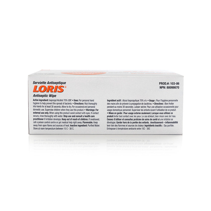 LORIS Antiseptic Alcohol Hand Sanitizing Wipe packaging