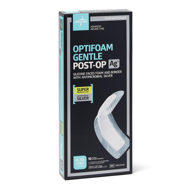 Medline Optifoam Gentle Ag Silver Silicone Adhesive Foam Dressing with Border 4" x 10"