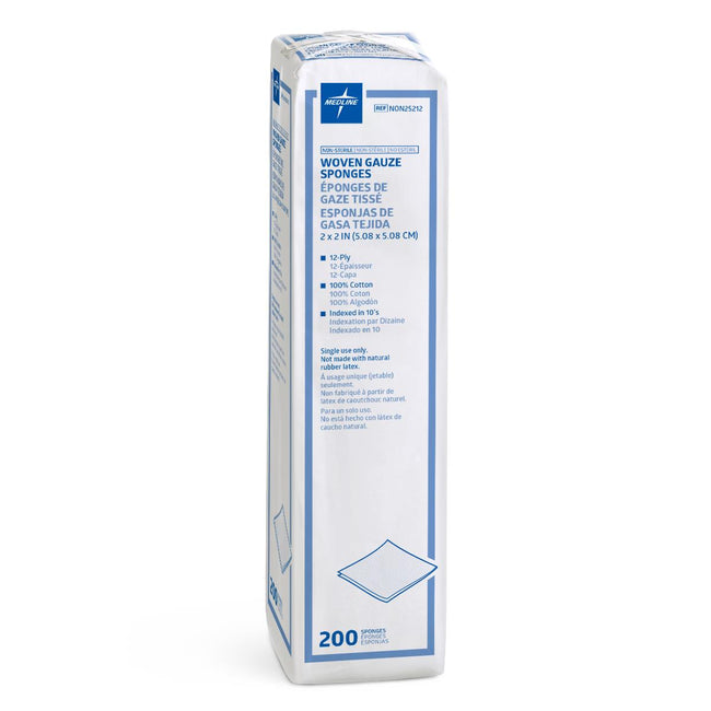 Medline Non-Sterile 100%-Cotton Woven Gauze Sponge; 12-Ply 2" x 2"