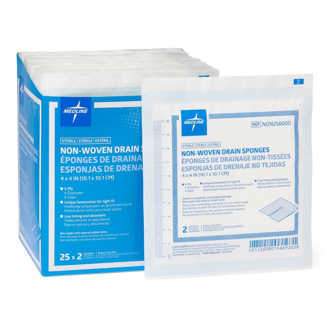 Medline Sterile Non-Woven Gauze Drain Sponge Premium 6-Ply 4" x 4"