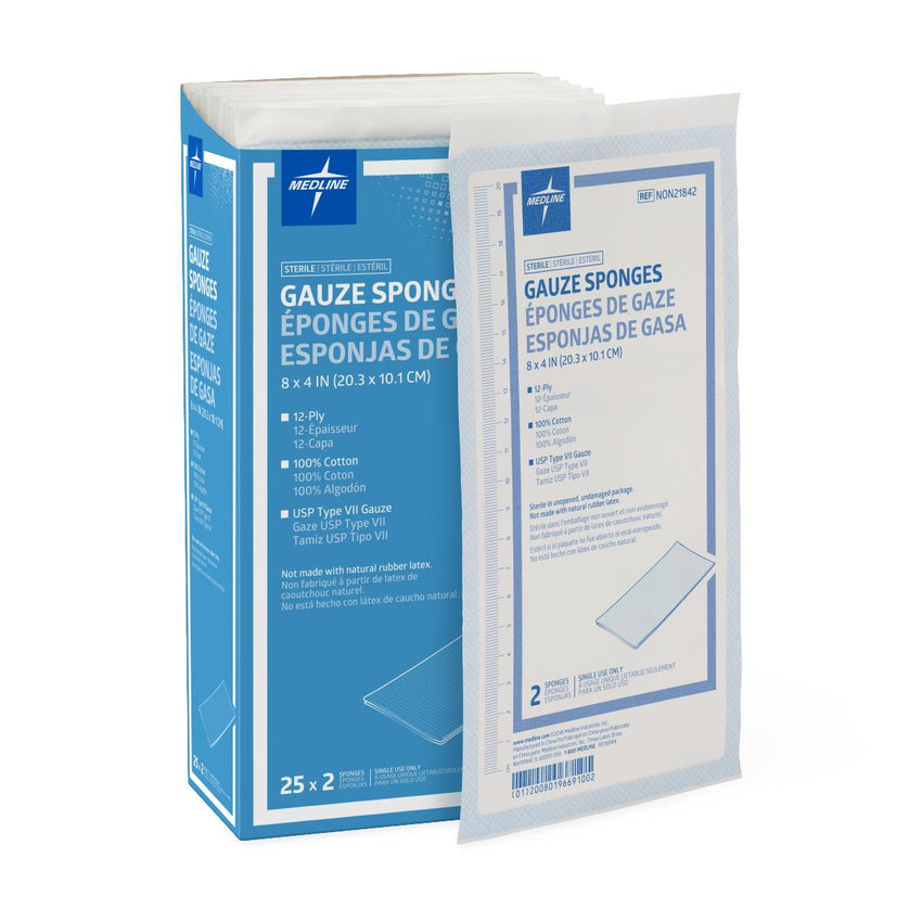 Sterile 100%-Cotton Woven Gauze Sponge; 12 Ply 8" x 4"