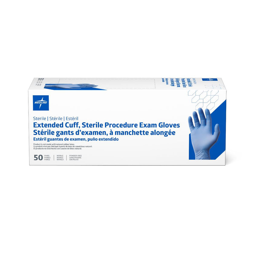 Medline Sterile Powder-Free Nitrile Exam Glove Extended Cuff 12" Blue - XL