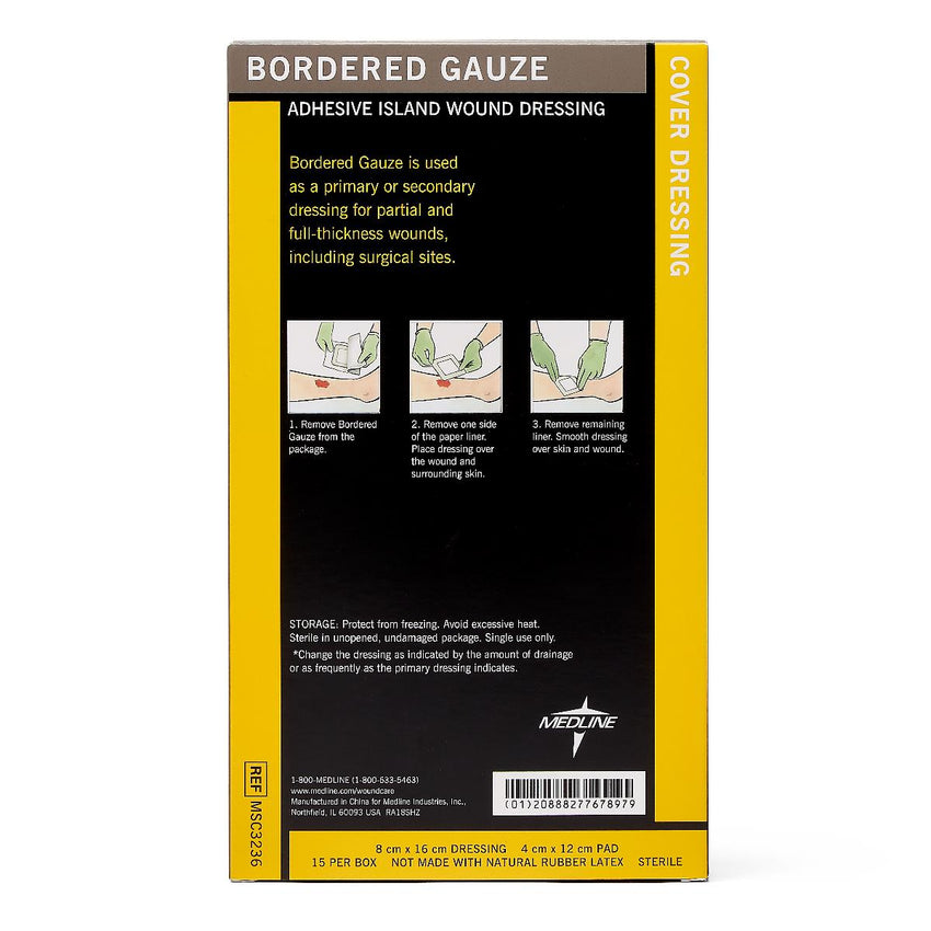 Medline Bordered Gauze Adhesive Island Wound Dressing 7.5 x 15 cm with 4 x 10 cm Pad