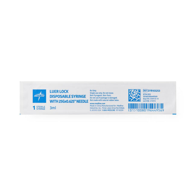 Medline Syringe with Standard Hypodermic Needle 3cc 25G x 5/8"